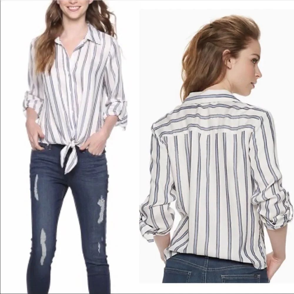 JL L White Navy Silver Metallic Striped Dolman Sleeve Tie Front Button Down Top
